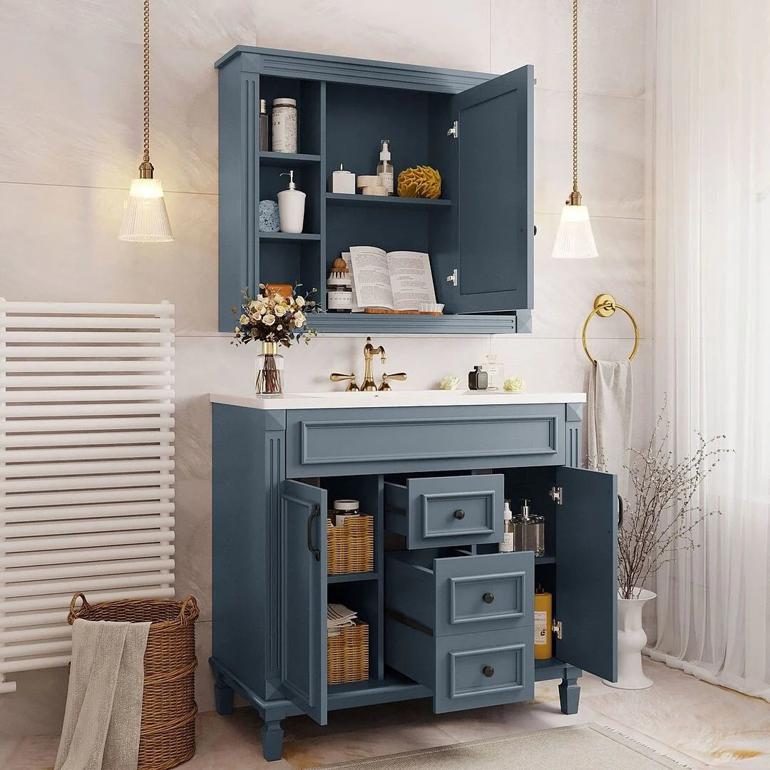 36'' Modern Bathroom Vanity with Top Sink and Mirror Cabinet,2 Doors and 2 Drawers