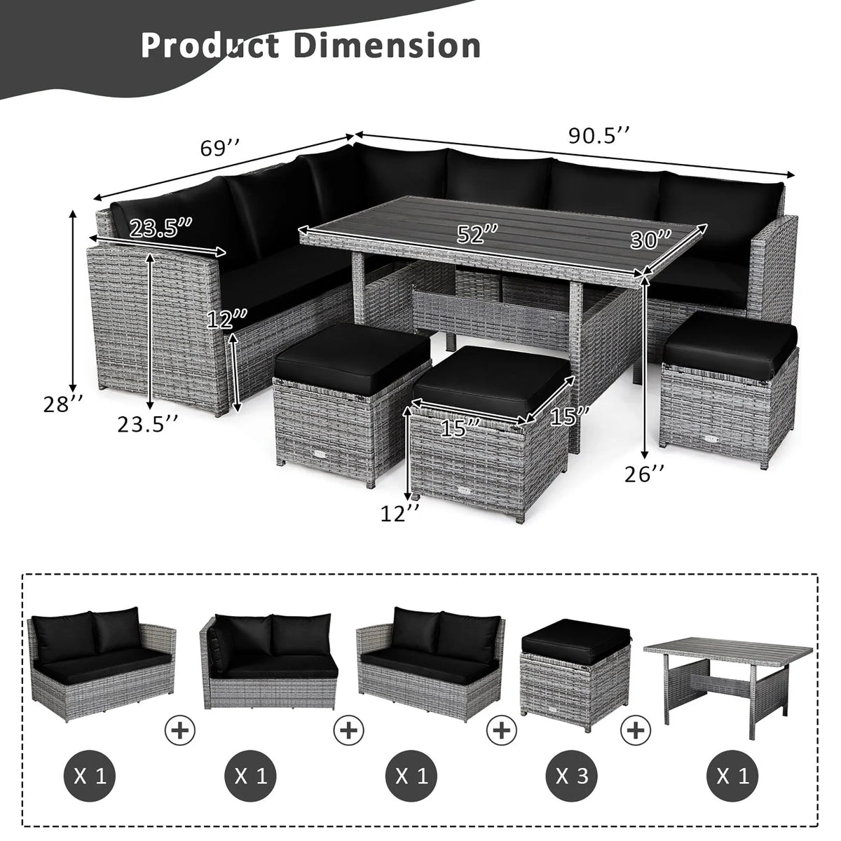 Costway 7 PCS Patio Rattan Dining Set Sectional Sofa Couch Ottoman - See Details