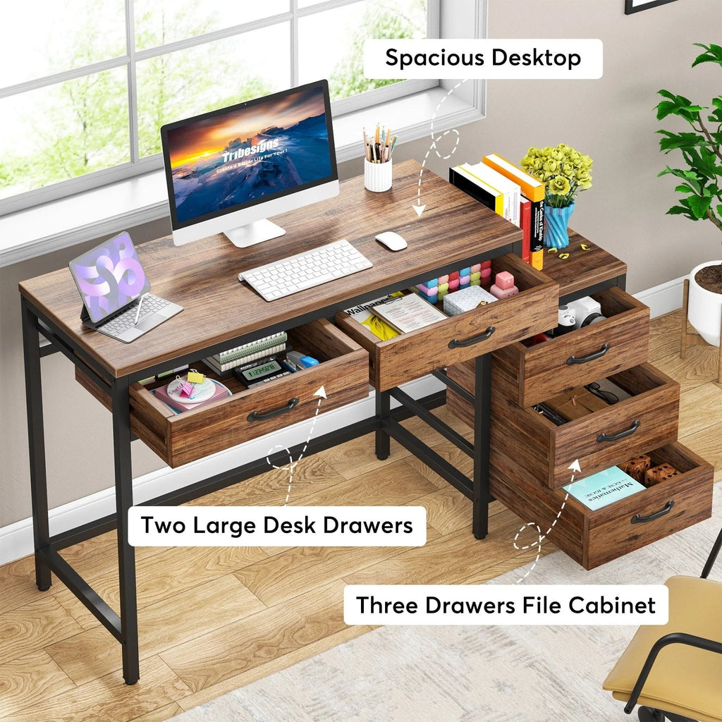 Bureau d'ordinateur réversible avec 5 tiroirs, bureau de travail à domicile avec caisson de rangement pour dossiers et support pour imprimante