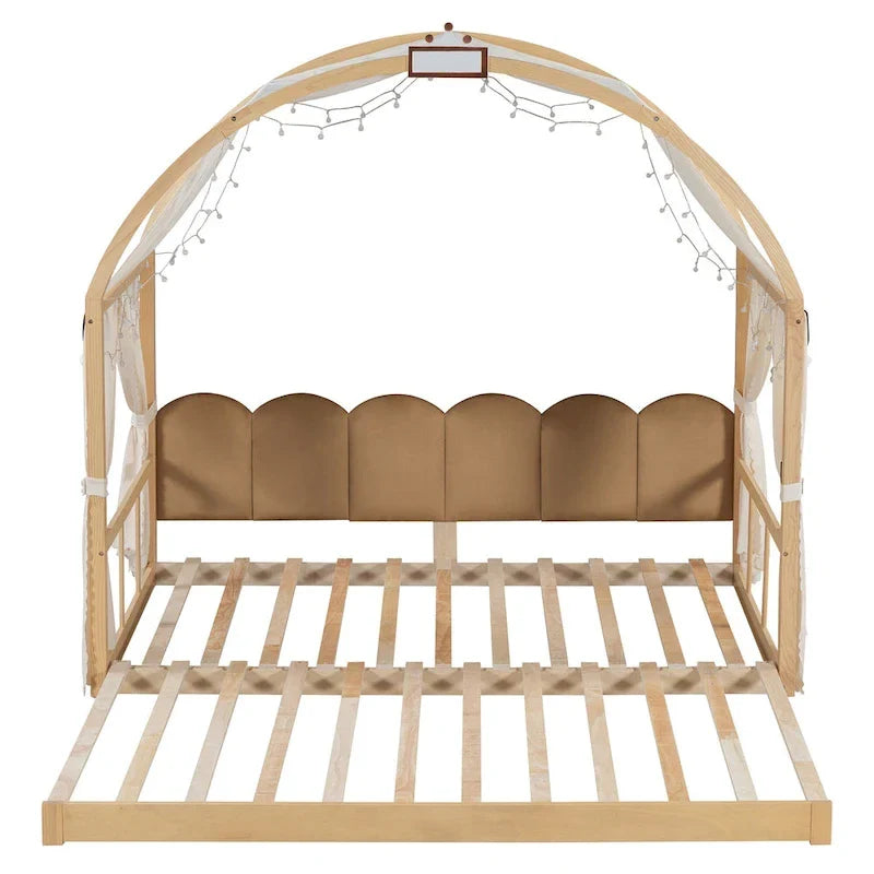 Lit plateforme Montessori au sol en bois massif, style maisonnette avec toit arqué et lit gigogne, pour filles et garçons
