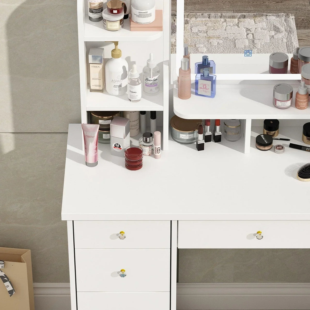 Coiffeuse avec éclairage LED, miroir et tabouret