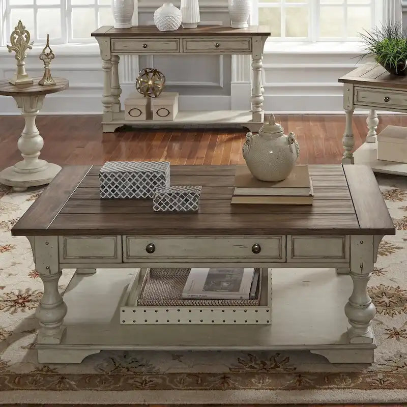 Morgan Creek Antique White Wire Brushed Tobacco Accents Cocktail Table