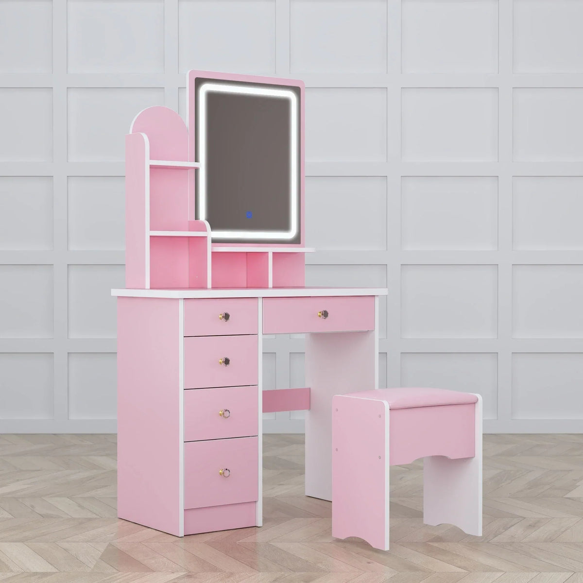 Coiffeuse avec éclairage LED, miroir et tabouret