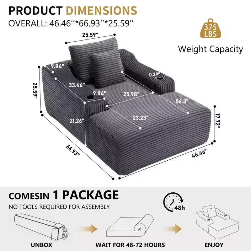 Chaise longue de 170 cm, canapé-lit intérieur avec 2 oreillers, canapé simple sans armature pour salon, aucun assemblage requis