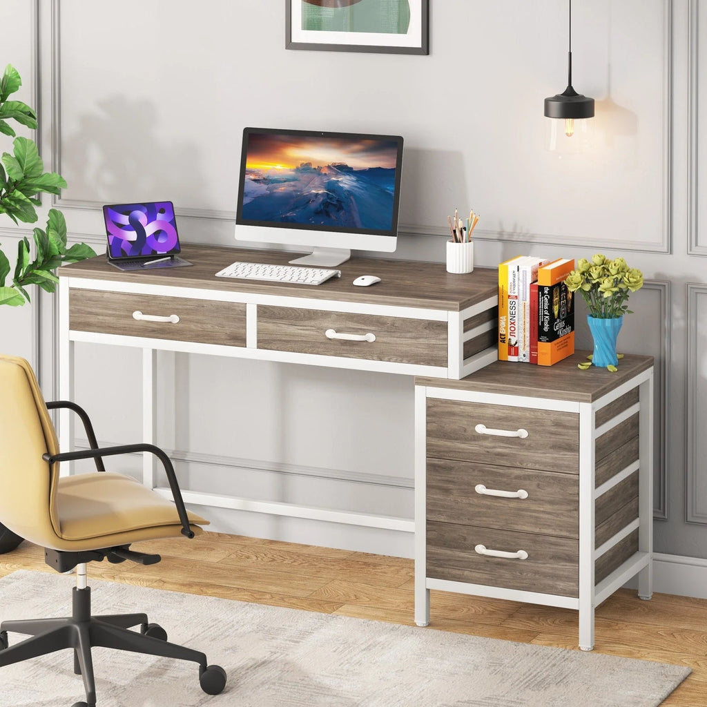 Bureau d'ordinateur réversible avec 5 tiroirs, bureau de travail à domicile avec caisson de rangement pour dossiers et support pour imprimante
