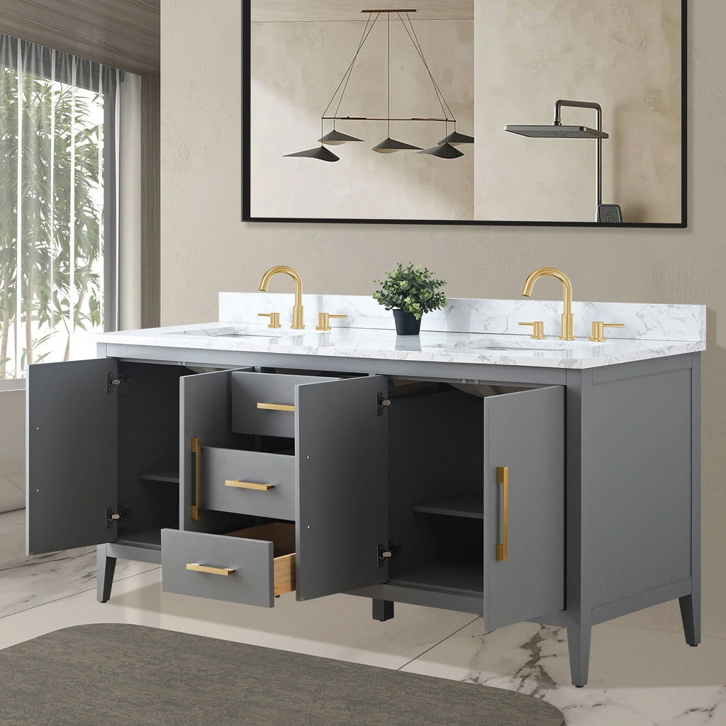 Vanity Art 72 Double Sink Bathroom Vanity Cabinet with Engineered Marble Top