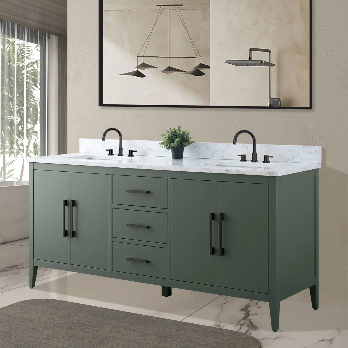 Vanity Art 72 Double Sink Bathroom Vanity Cabinet with Engineered Marble Top