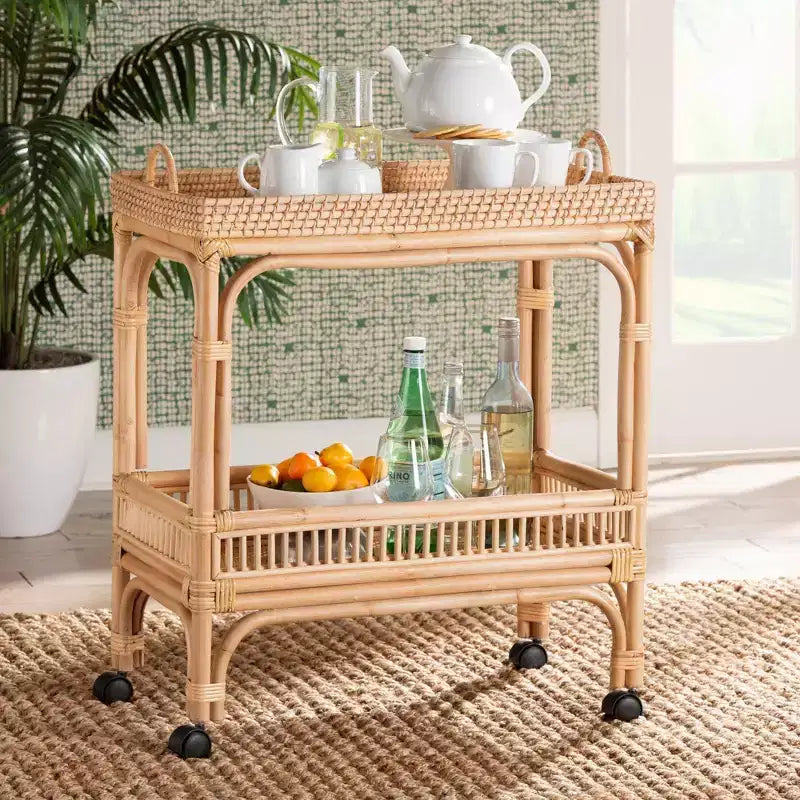 Chariot à vin en rotin Bali & Pari Lombok, marron naturel : chariot de bar d'intérieur avec porte-bouteilles, aucun assemblage requis