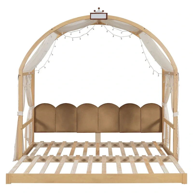Lit plateforme Montessori au sol en bois massif, style maisonnette avec toit arqué et lit gigogne, pour filles et garçons