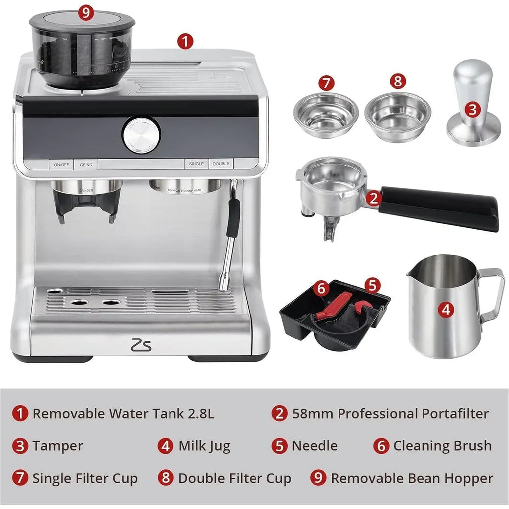 Espresso Coffee Maker, with Grinder, 2.8 L Water Tank
