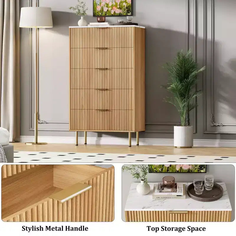 White / Marble & Wood 5-Drawer Dresser ¨C Fluted Panel, for 1 Person Use