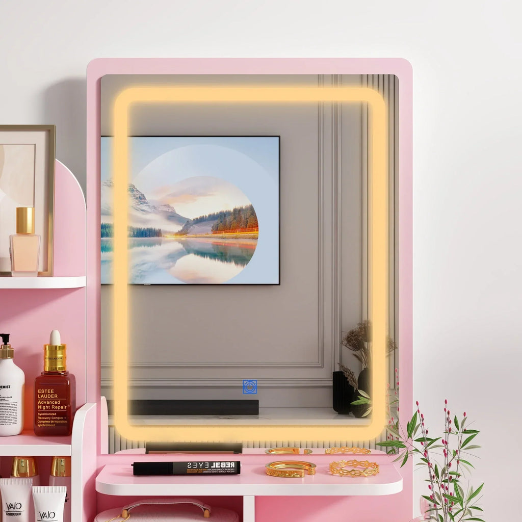 Coiffeuse avec éclairage LED, miroir et tabouret