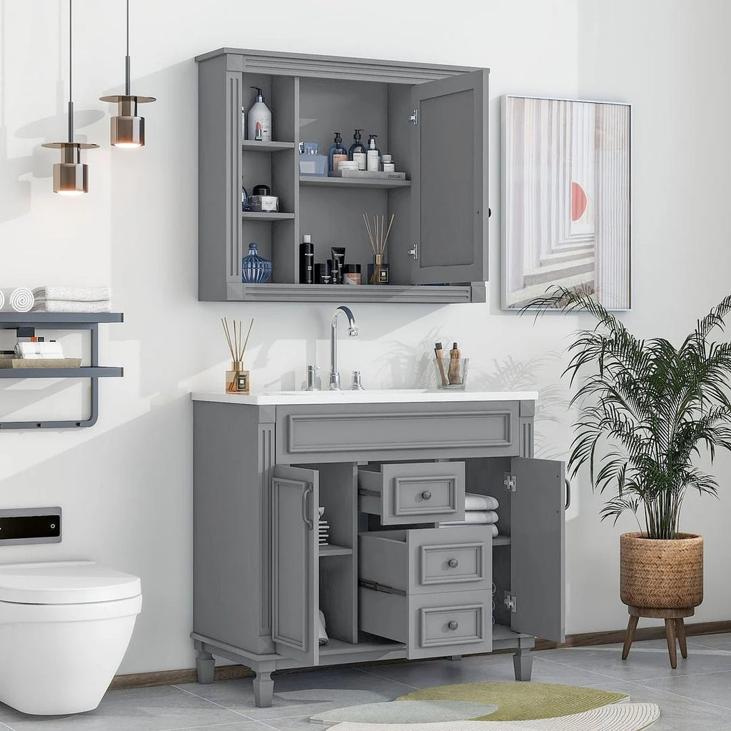 36'' Modern Bathroom Vanity with Top Sink and Mirror Cabinet,2 Doors and 2 Drawers