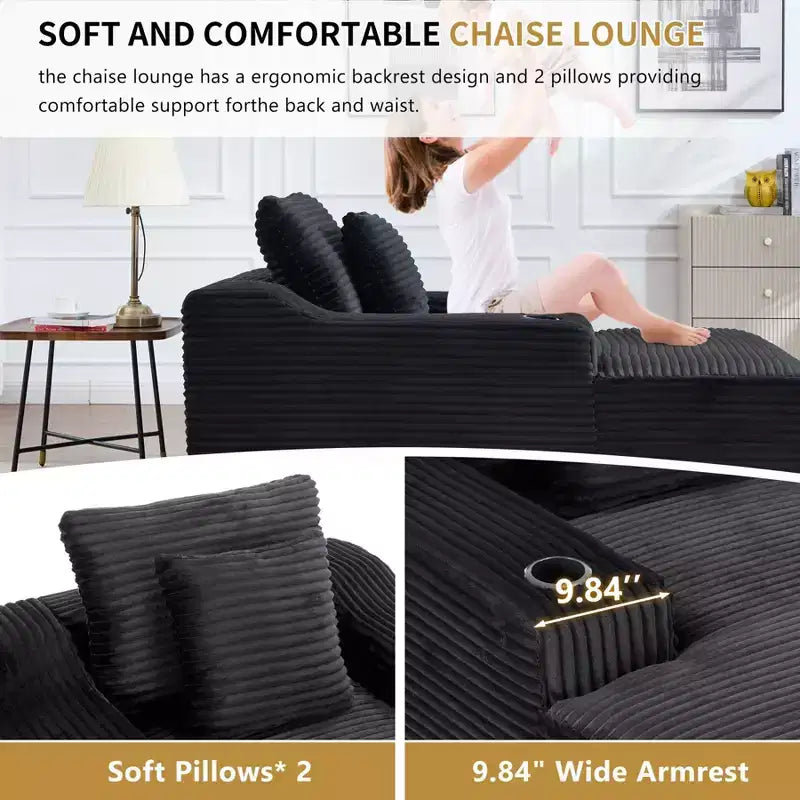 Chaise longue de 170 cm, canapé-lit intérieur avec 2 oreillers, canapé simple sans armature pour salon, aucun assemblage requis