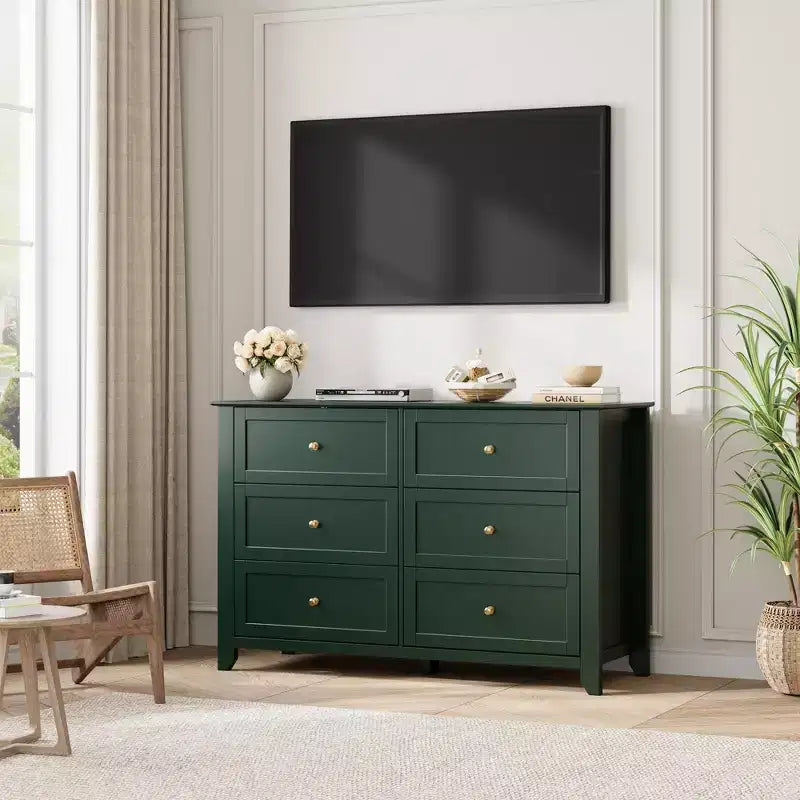 Commode à 6 tiroirs pour chambre à coucher, grande commode avec tiroirs profonds et poignées en métal, commodes modernes en bois pour entrée, couloir
