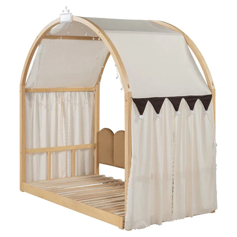 Lit plateforme Montessori au sol en bois massif, style maisonnette avec toit arqué et lit gigogne, pour filles et garçons