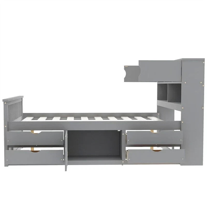 Twin/Full Size Captain Platform Bed with 4 Drawers and Storage Shelves, Solid Wood Bed Frame with Storage Bookcase Headboard