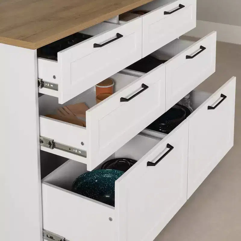 Îlot de cuisine à 6 tiroirs – style maison de campagne, blanc et érable muscade, 47,25 po l