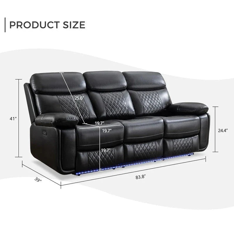 Power Reclining Sofa with Wireless Charger,Reading Light,LED Light for Living Room,Faux Leather,AC/USB Port,Cup Holder,Black
