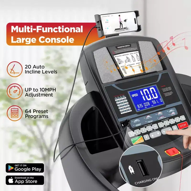 Déstockage Tapis de Course : Tapis de Course Électrique Portable avec Poignées, Inclinaison Automatique 20%, Moteur 4.5 CV, Application Bluetooth pour Maison/Bureau, Machine de Marche et Course