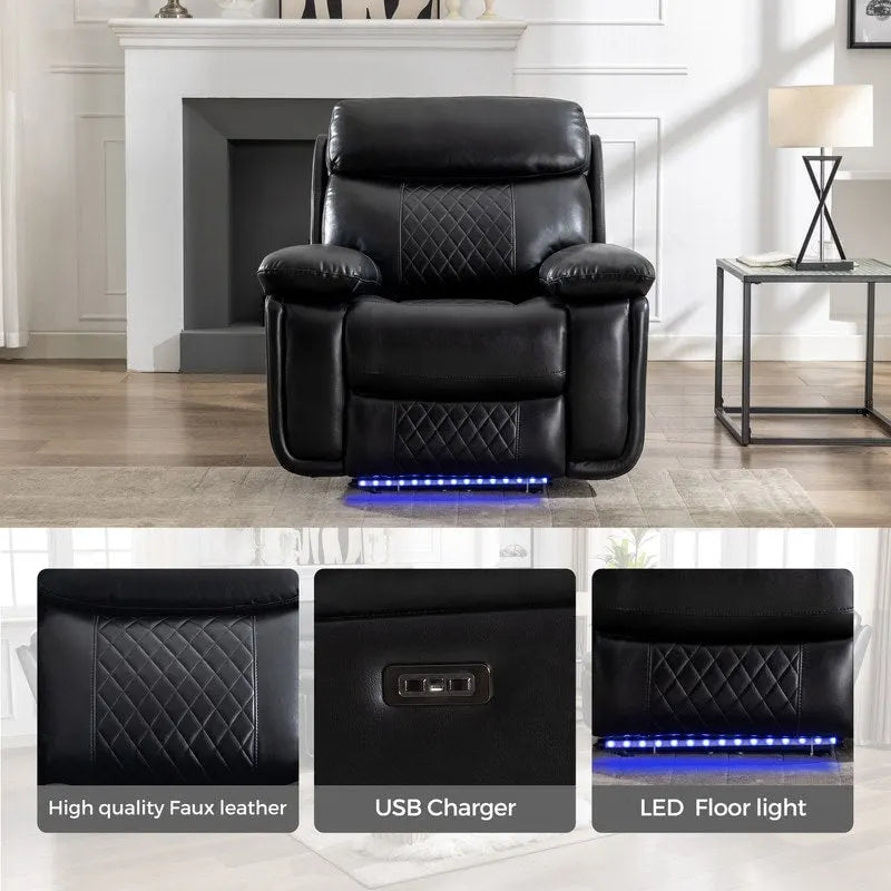 Power Reclining Sofa with Wireless Charger,Reading Light,LED Light for Living Room,Faux Leather,AC/USB Port,Cup Holder,Black