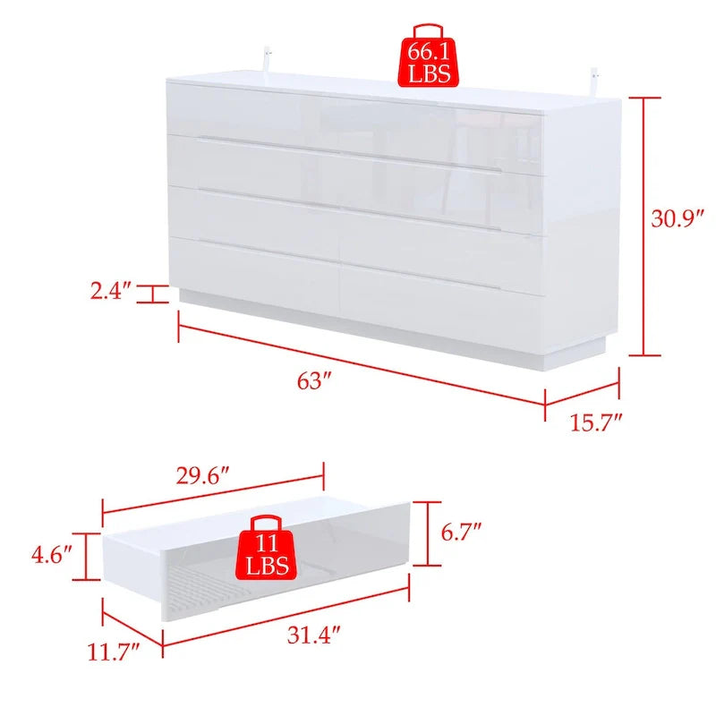 Commode 63 à finition haute brillance avec caisson éclairé à 8 tiroirs et plateau spacieux