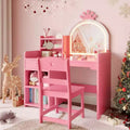 Coiffeuse Acekool pour enfants avec miroir éclairé par LED, table et chaise de princesse 2 en 1 avec étagère à livres, meuble de rangement et étagères pour filles