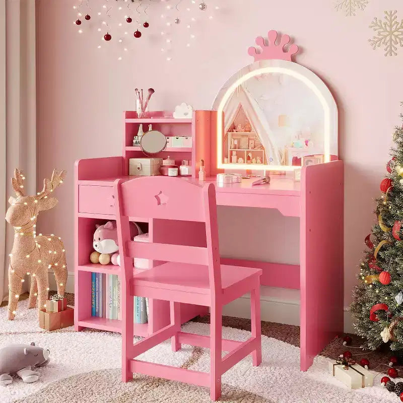 Coiffeuse Acekool pour enfants avec miroir éclairé par LED, table et chaise de princesse 2 en 1 avec étagère à livres, meuble de rangement et étagères pour filles