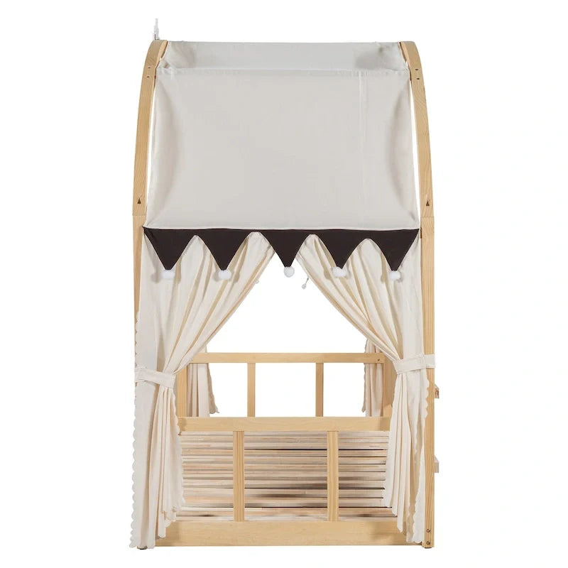 Lit plateforme Montessori au sol en bois massif, style maisonnette avec toit arqué et lit gigogne, pour filles et garçons
