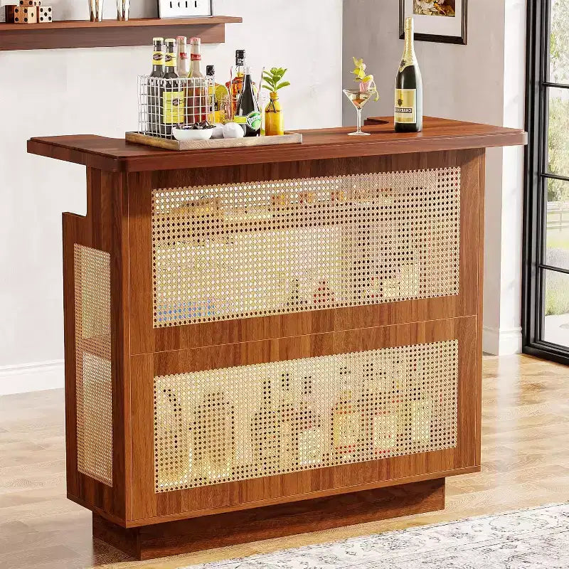 Meuble de bar en rotin pour la maison, table de bar de ferme à 4 niveaux avec 4 porte-verres à pied, brun caramel