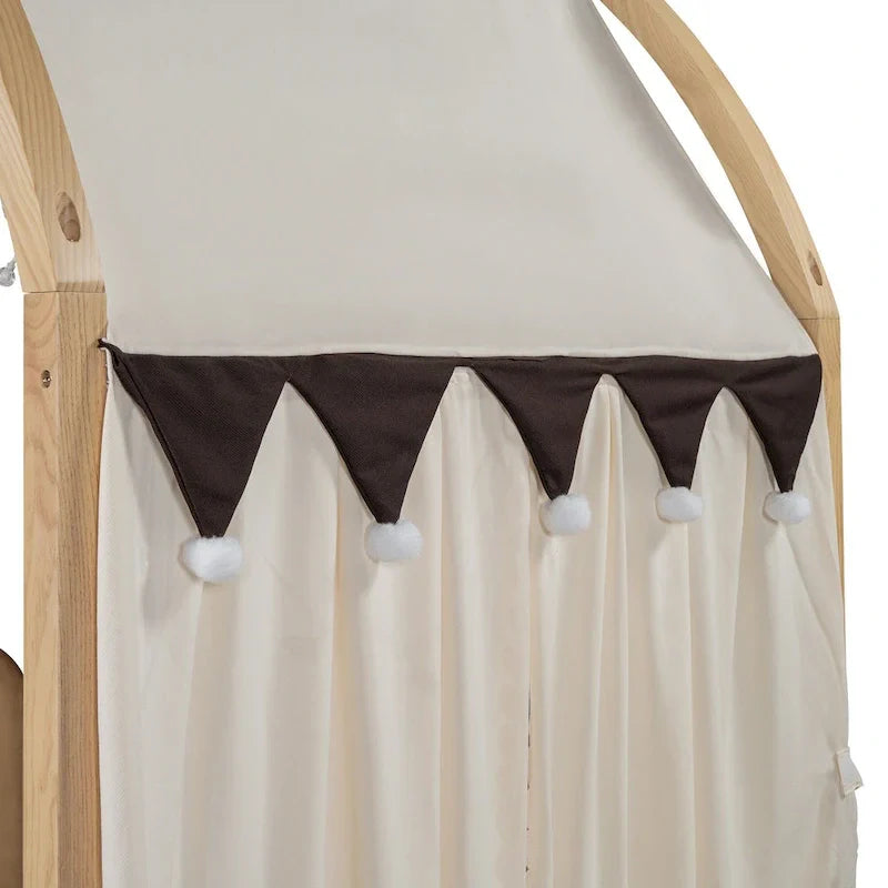 Lit plateforme Montessori au sol en bois massif, style maisonnette avec toit arqué et lit gigogne, pour filles et garçons