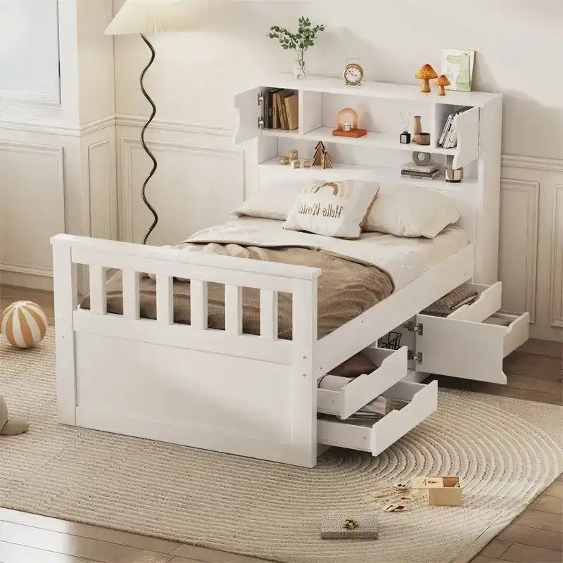 Twin/Full Size Captain Platform Bed with 4 Drawers and Storage Shelves, Solid Wood Bed Frame with Storage Bookcase Headboard
