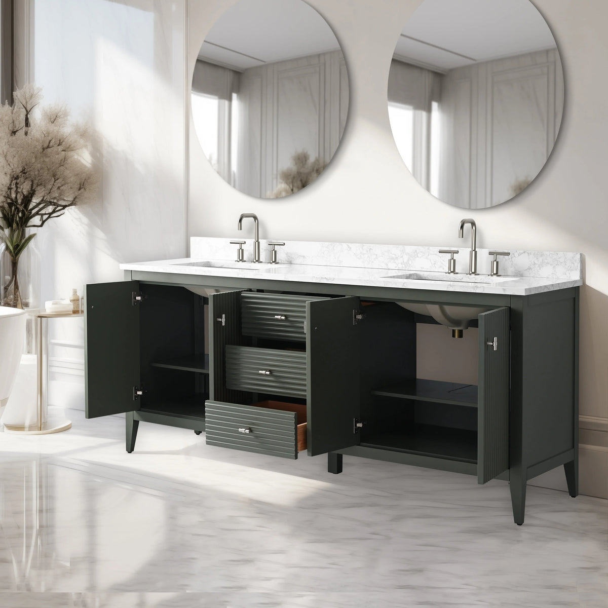 Vanity Art 72 Double Sink Bathroom Vanity Cabinet with Engineered Marble Top