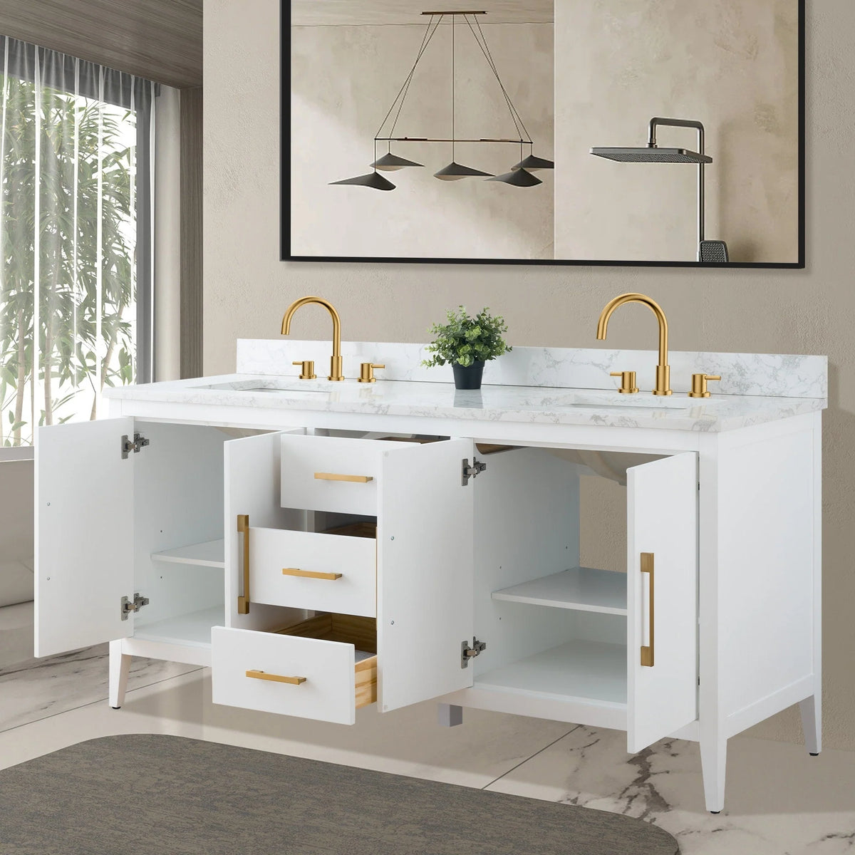 Vanity Art 72 Double Sink Bathroom Vanity Cabinet with Engineered Marble Top
