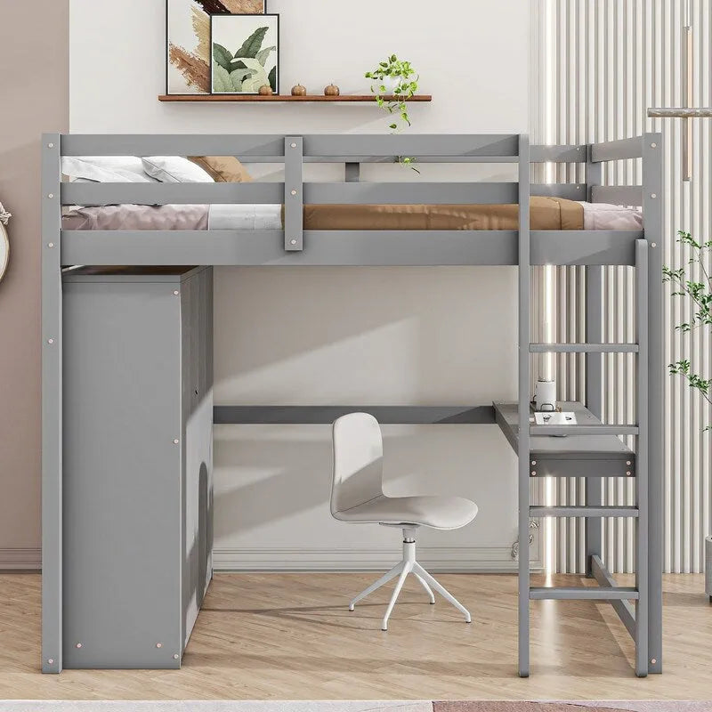 Full Size Wood Loft Bed with Built-in Wardrobe, Desk, Storage Shelves and Drawers