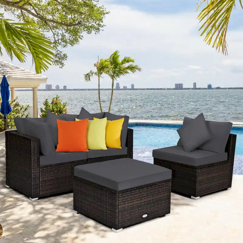 Ensemble de meubles de patio en rotin 4 pièces avec coussins et oreillers amovibles – Canapé d'angle : 73,7 x 73,7 x 63,5 cm