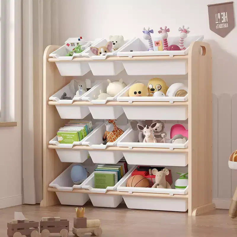 VECELO Étagère de Rangement pour Enfants avec 12 Bacs, Meuble de Rangement en Bois pour Tout-Petits, Grande Capacité pour Livres ou Jouets