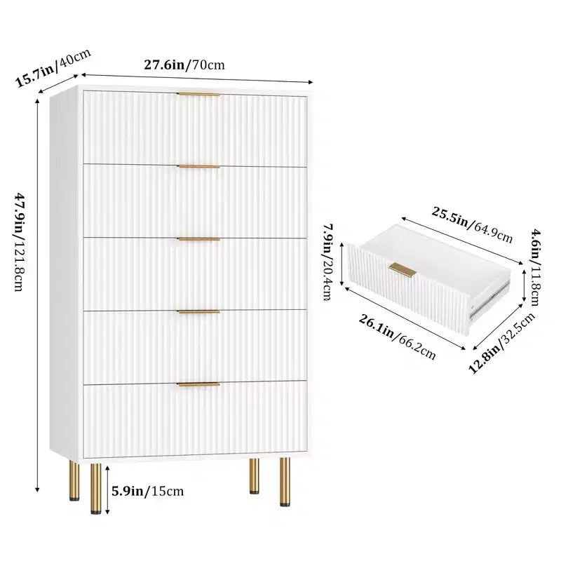 White / Marble & Wood 5-Drawer Dresser ¨C Fluted Panel, for 1 Person Use