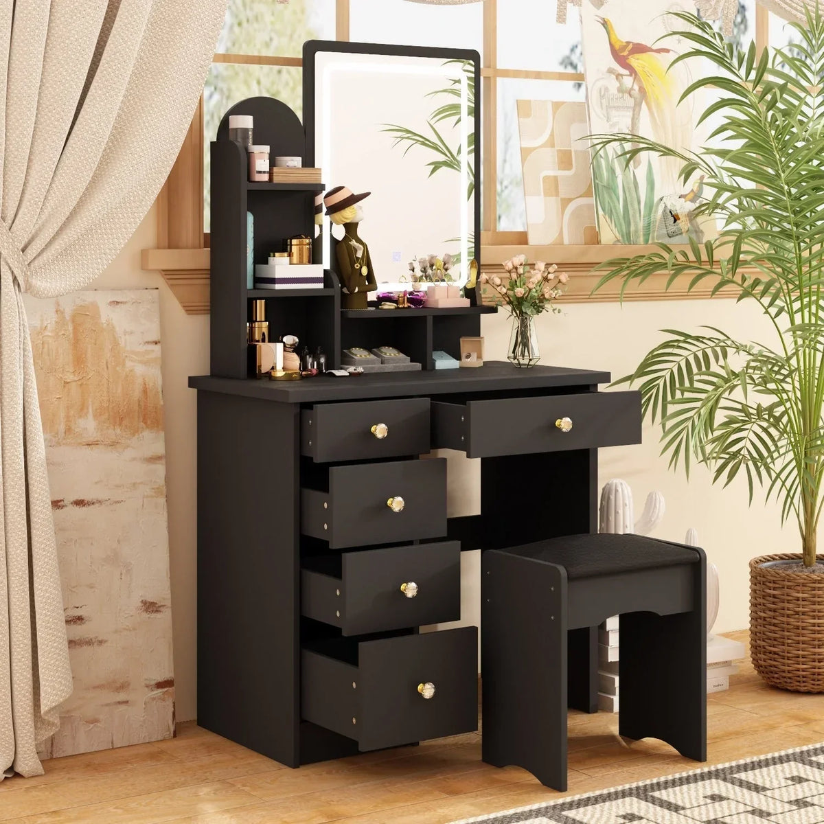 Coiffeuse avec éclairage LED, miroir et tabouret