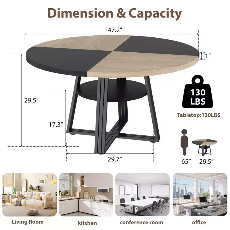 Table de salle à manger ronde pour 4 à 6 personnes, table de cuisine de 120 cm avec étagère de rangement, table à manger en bois avec base en métal pour salon, sans chaises