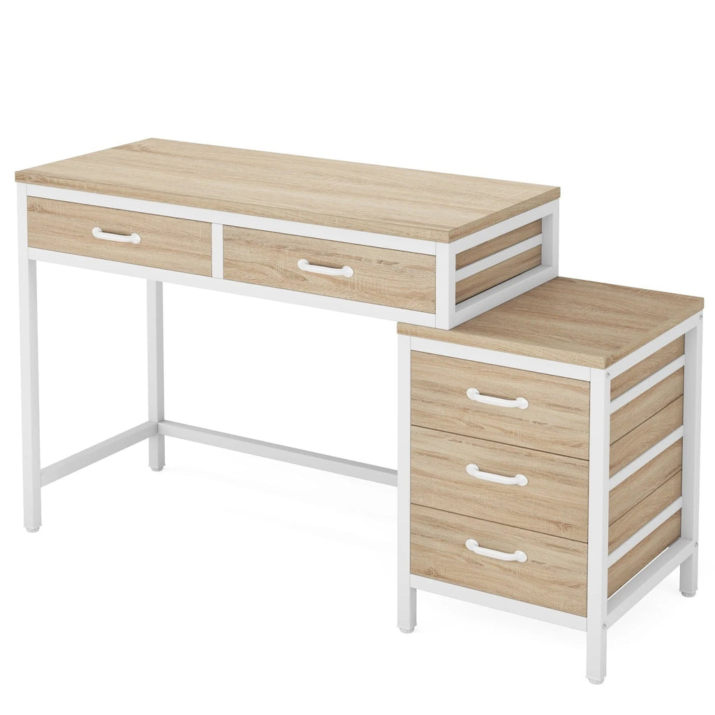 Bureau d'ordinateur réversible avec 5 tiroirs, bureau de travail à domicile avec caisson de rangement pour dossiers et support pour imprimante