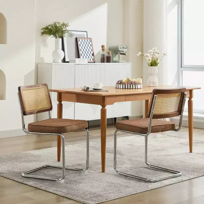 2 Chaises de Salle à Manger Modernes avec Assise en Lin, Dossier en Rotin et Piètement Chromé
