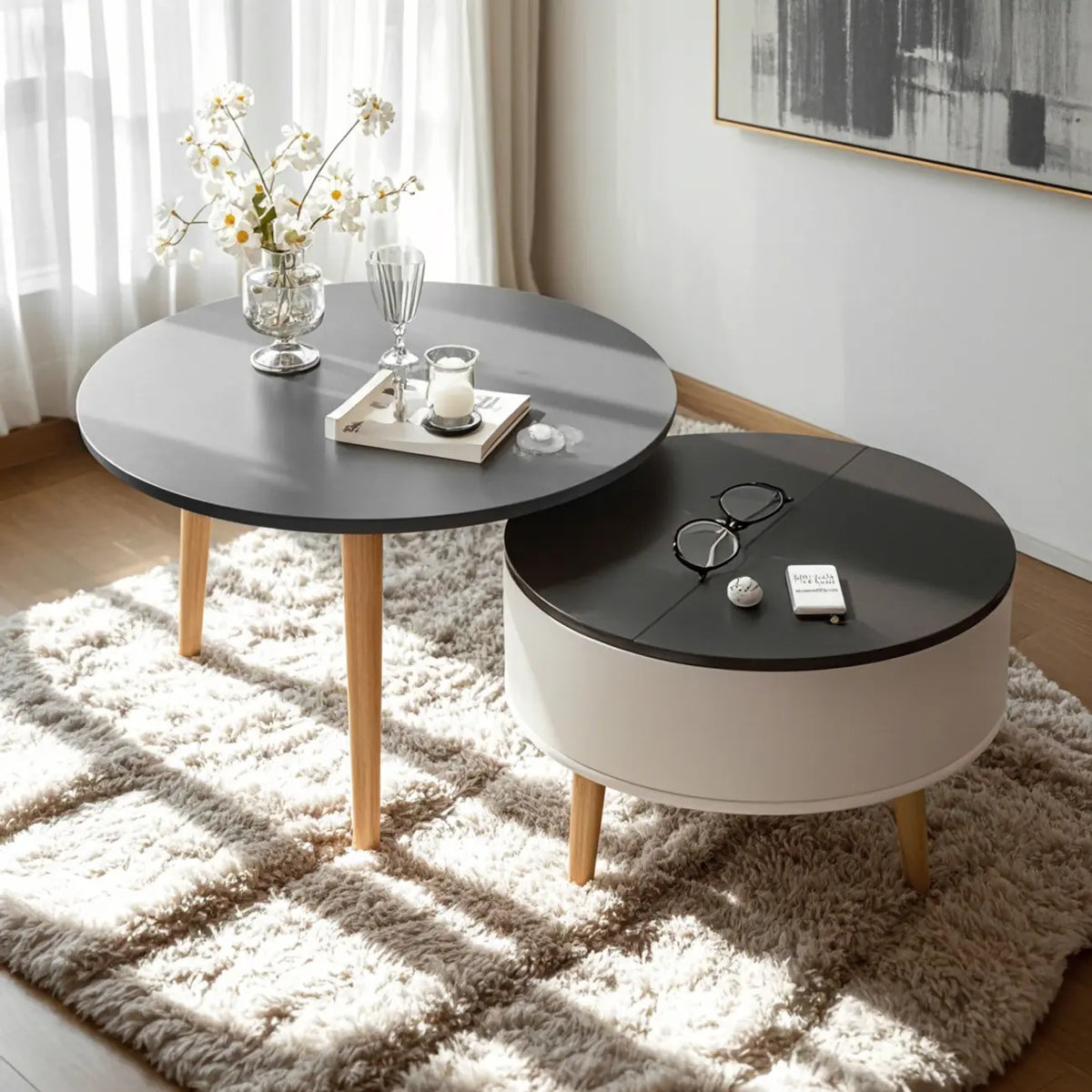 Black White Modern Round Wood Coffee Table with Storage