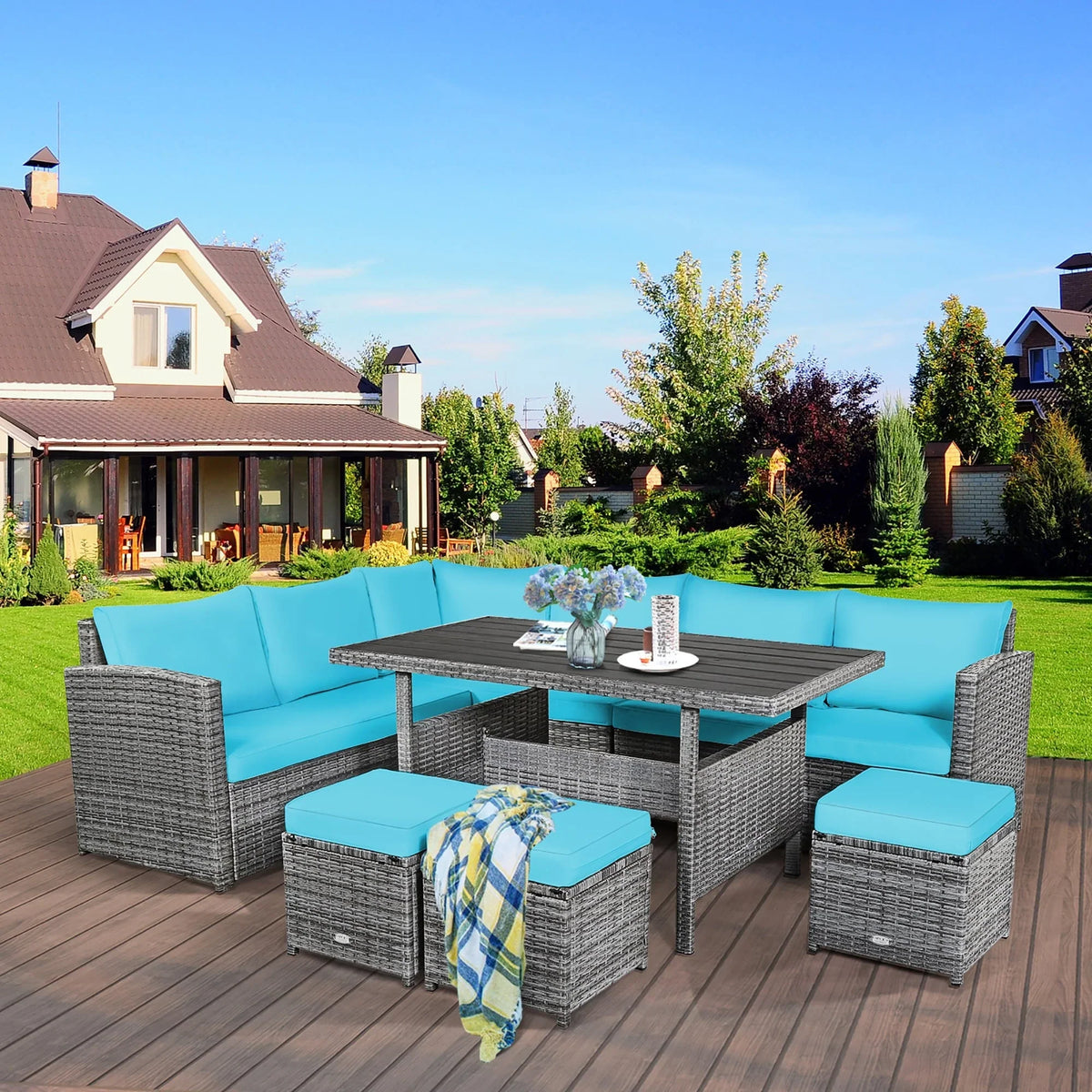 Costway 7 PCS Patio Rattan Dining Set Sectional Sofa Couch Ottoman - See Details