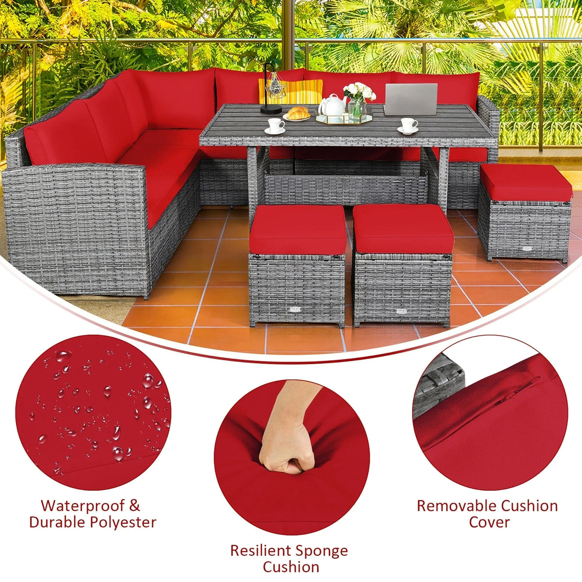 Costway 7 PCS Patio Rattan Dining Set Sectional Sofa Couch Ottoman - See Details