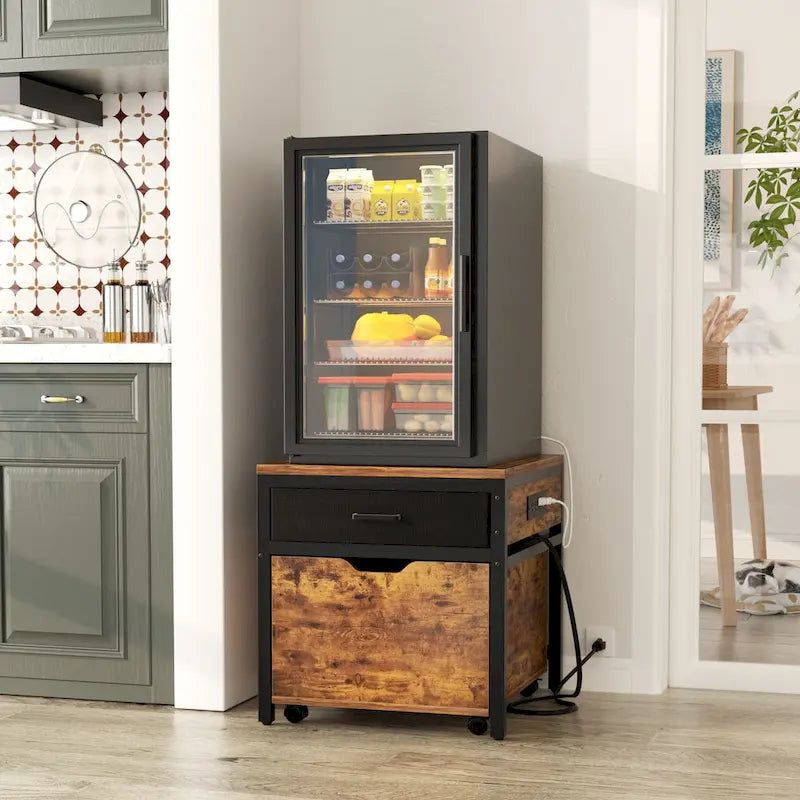 Mini Fridge Stand with Charge Station, Side/ End Table with Storage Drawers and Rolling Cabinet