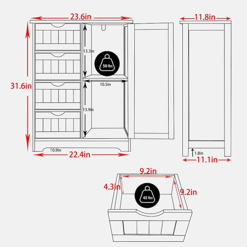 VEIKOUS Bathroom Floor Storage Cabinet with 4 Drawers