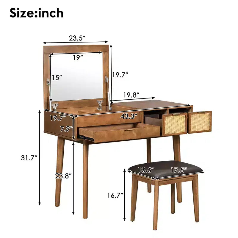 Coiffeuse GDFStudio Vita en bois classique avec miroir escamotable, 3 tiroirs de rangement et tabouret rembourré