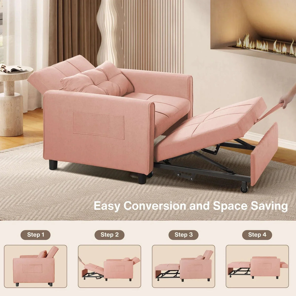 3-in-1 Adjustable Sleeper Sofa Bed, Pull Out Chair Sofa, Convertible Folding Bed for Living Room