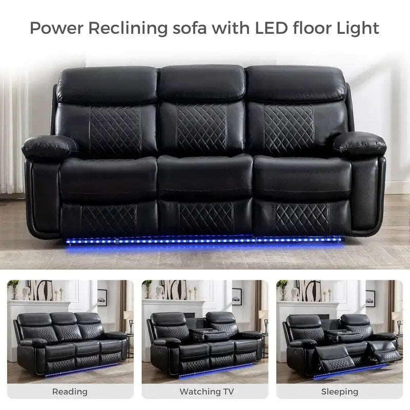 Power Reclining Sofa with Wireless Charger,Reading Light,LED Light for Living Room,Faux Leather,AC/USB Port,Cup Holder,Black